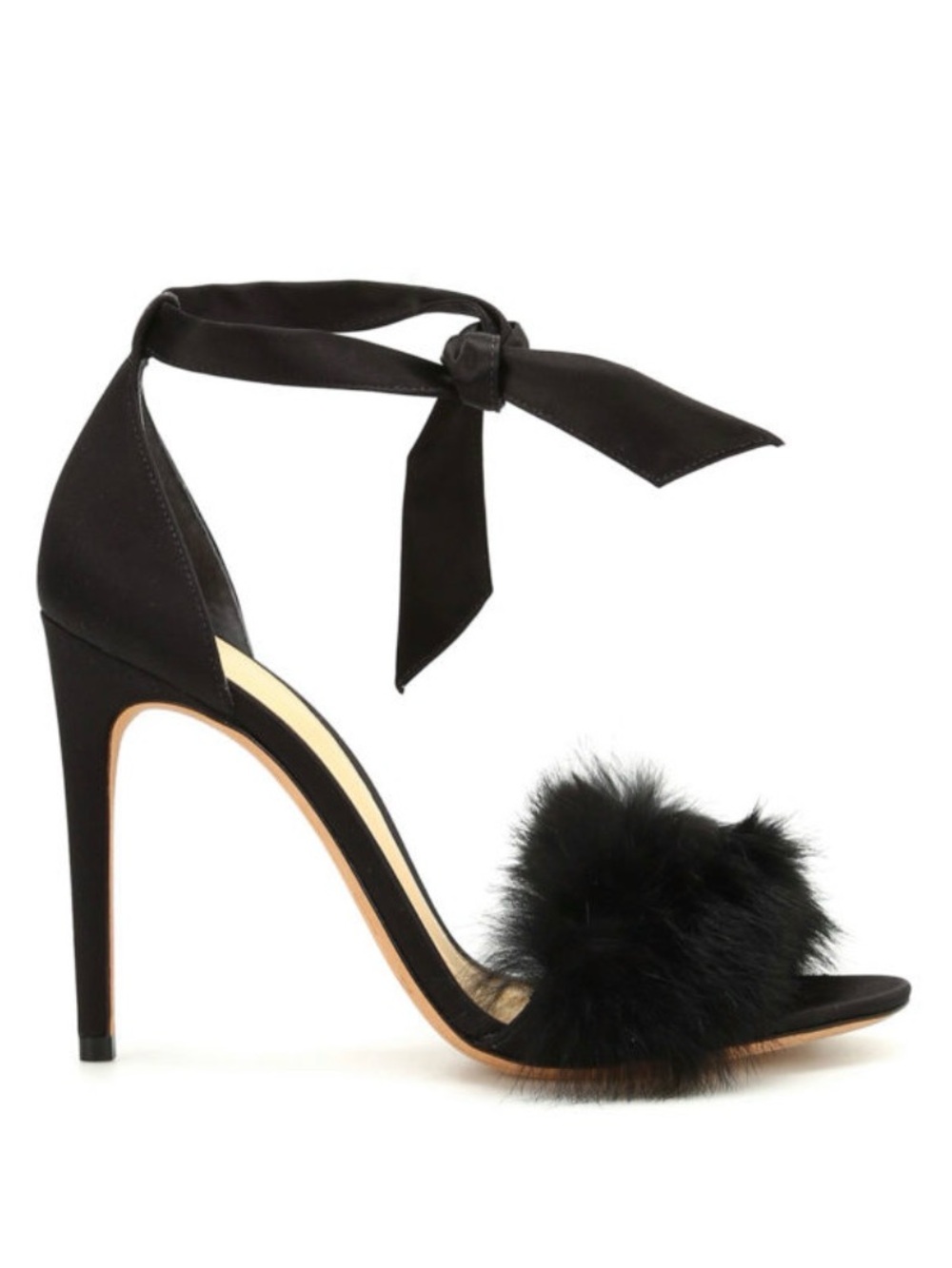 Alexandre Birman Clarita Black Satin Fur Trim Tie Ankle Heels Size 35